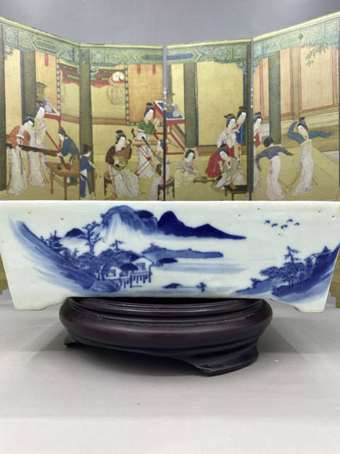 古玩陶瓷青花山水人物紋花盆真品鑒賞圖