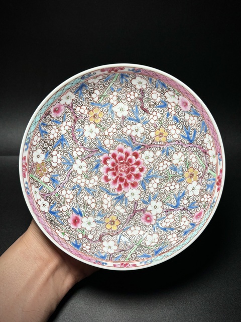 古玩陶瓷清雍正·（滿工細路）粉彩梅竹雙清圖牡丹花卉臥盤拍賣，當前價格1850元