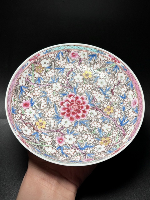 古玩陶瓷清雍正·（滿工細路）粉彩梅竹雙清圖牡丹花卉臥盤拍賣，當前價格1850元