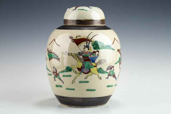 古玩陶瓷民國·哥釉五彩刀馬人物紋蓋罐 真品鑒賞圖