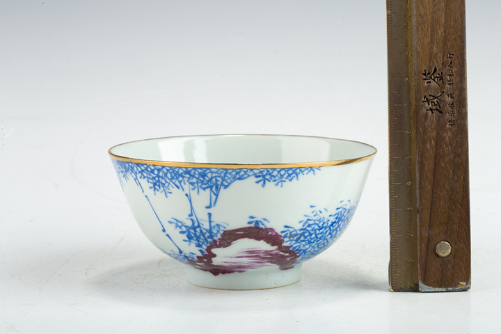 古玩陶瓷民國·料彩墨石竹影紋茶碗拍賣，當前價格138元