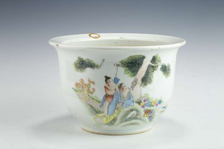 古玩陶瓷民國·淺絳彩人物故事紋花盆真品鑒賞圖