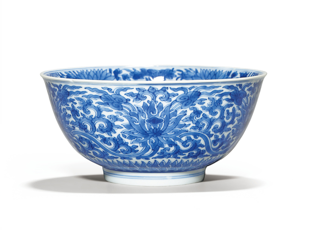 古玩陶瓷清康熙 青花纏枝荷花紋碗真品鑒賞圖