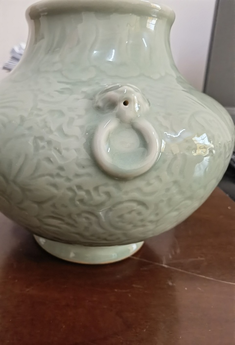 古玩陶瓷青釉暗刻花卉雙耳尊真品鑒賞圖