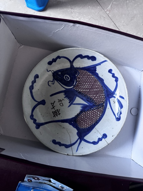 古玩陶瓷清晚期青花釉里紅魚盤真品鑒賞圖