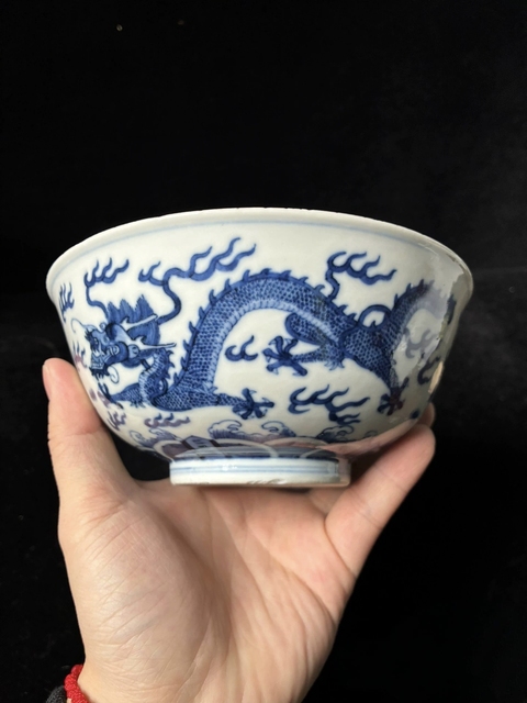 古玩陶瓷清光緒青花雙龍趕珠紋碗真品鑒賞圖