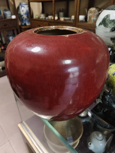 古玩陶瓷窯變紅釉西瓜罐真品鑒賞圖