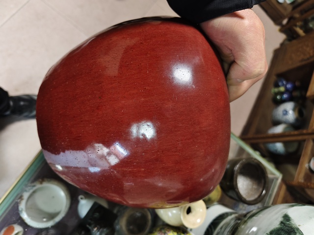 古玩陶瓷窯變紅釉西瓜罐真品鑒賞圖