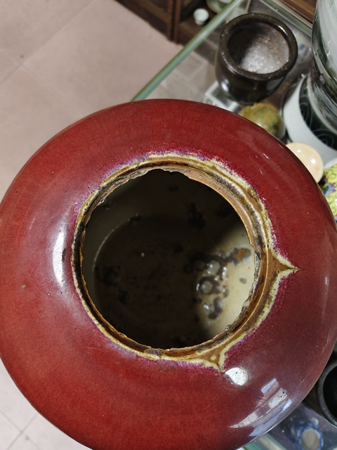 古玩陶瓷窯變紅釉西瓜罐真品鑒賞圖