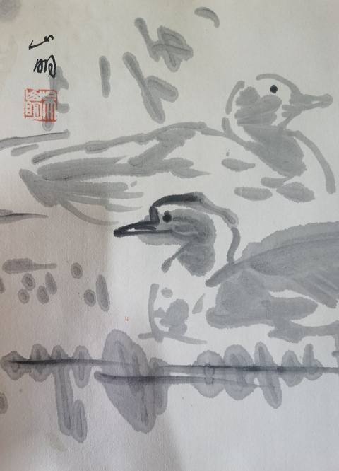 古玩字畫(huà)吳山明水墨池塘雙鴨真品鑒賞圖