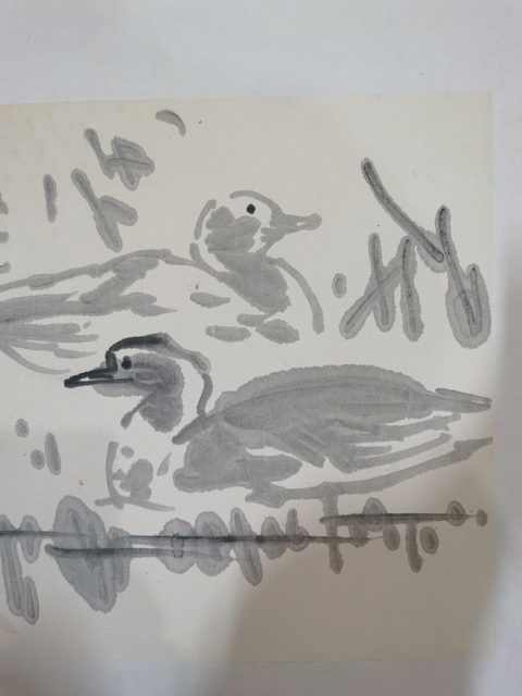 古玩字畫(huà)吳山明水墨池塘雙鴨真品鑒賞圖