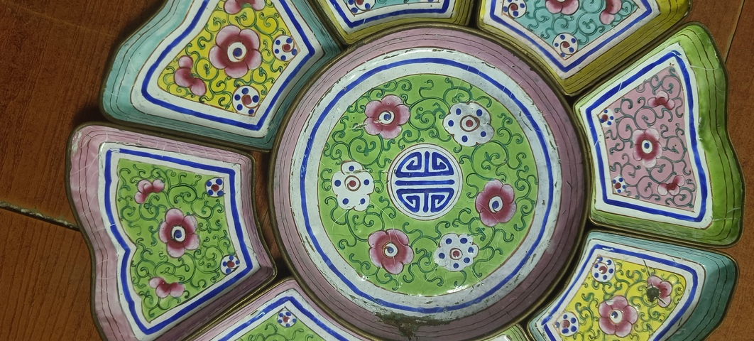 古玩陶瓷銅胎畫彩繪九子串盤真品鑒賞圖