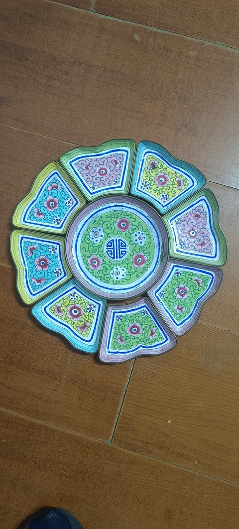 古玩陶瓷銅胎畫彩繪九子串盤真品鑒賞圖