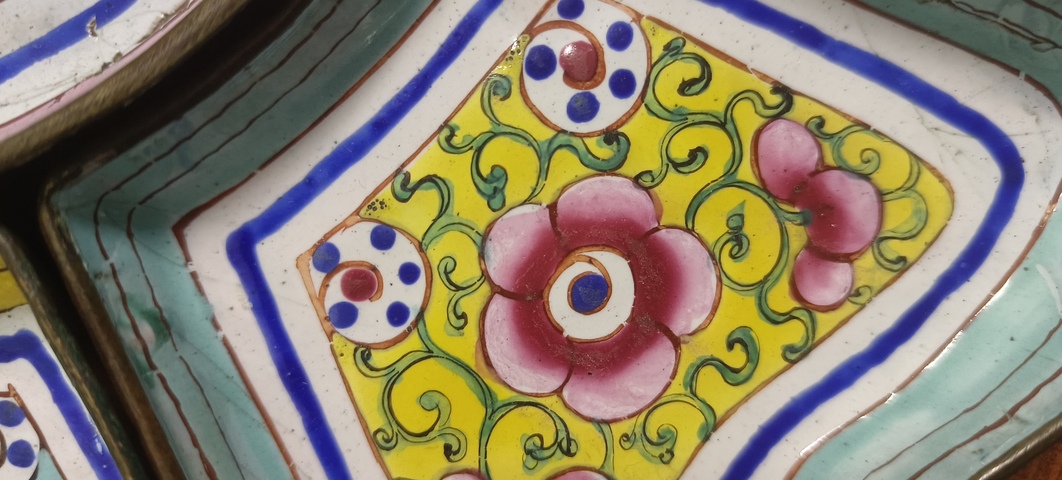 古玩陶瓷銅胎畫彩繪九子串盤真品鑒賞圖