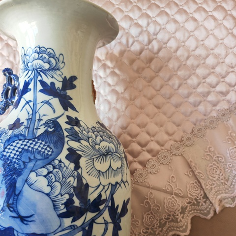 古玩陶瓷豆青釉青花雉雞牡丹圖撣瓶真品鑒賞圖