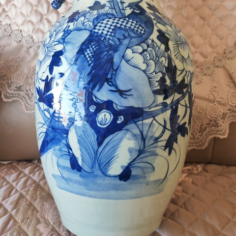 古玩陶瓷豆青釉青花雉雞牡丹圖撣瓶真品鑒賞圖