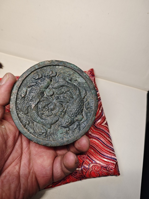 古玩銅器金代雙魚銅鏡青銅鏡真品鑒賞圖