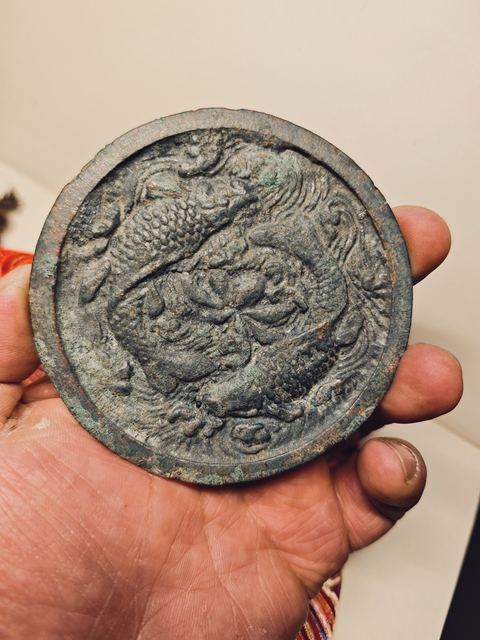 古玩銅器金代雙魚銅鏡青銅鏡真品鑒賞圖