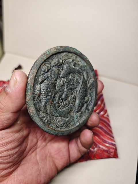 古玩銅器金代雙魚銅鏡青銅鏡真品鑒賞圖