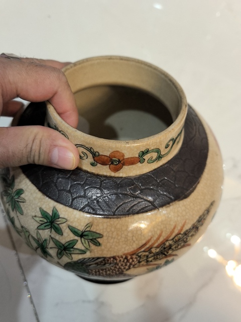 古玩陶瓷哥釉地鐵銹釉五彩花鳥(niǎo)紋將軍罐真品鑒賞圖