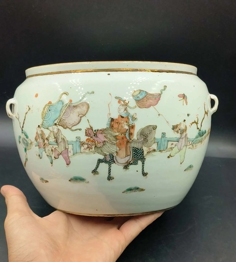 古玩陶瓷同治粉彩麒麟送子圖粥罐拍賣，當前價格1500元