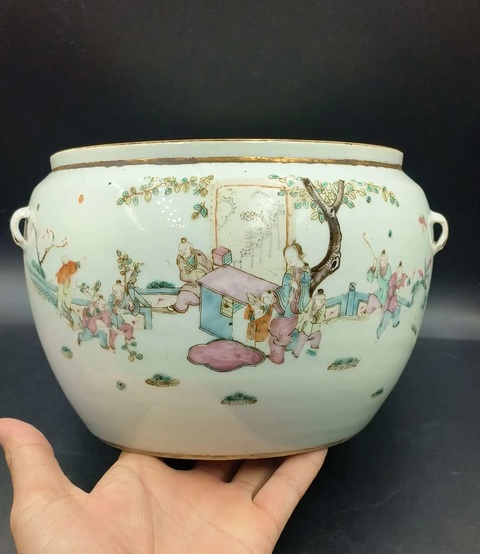 古玩陶瓷同治粉彩麒麟送子圖粥罐拍賣，當前價格1500元