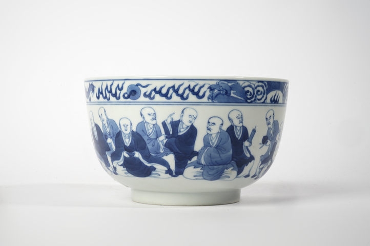 古玩陶瓷清晚期·青花十八羅漢紋碗真品鑒賞圖