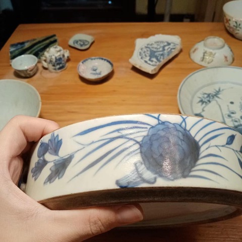 古玩陶瓷青花花卉紋獅耳洗真品鑒賞圖