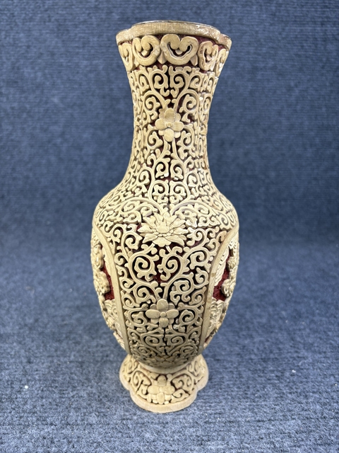 古玩雜項銅胎剔紅人物故事海棠瓶真品鑒賞圖