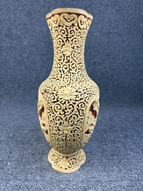 古玩雜項銅胎剔紅人物故事海棠瓶真品鑒賞圖