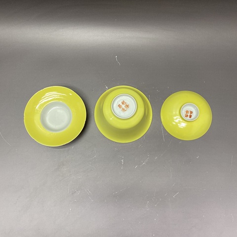 古玩陶瓷黃釉三才蓋杯真品鑒賞圖