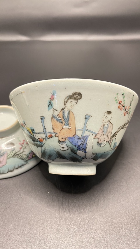 古玩陶瓷三娘教子圖粉彩蓋碗拍賣，當(dāng)前價格88元