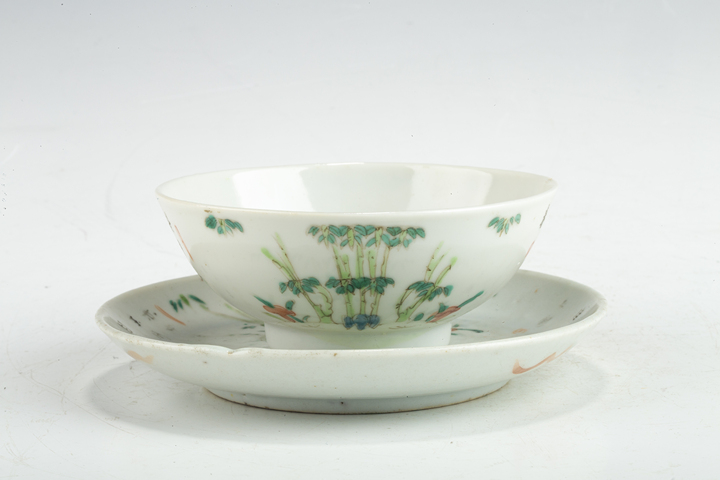 古玩陶瓷清晚·粉彩竹石詩文碗碟一套拍賣，當前價格200元