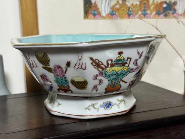 古玩陶瓷粉彩博古紋八方供碗真品鑒賞圖