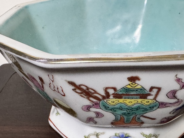 古玩陶瓷粉彩博古紋八方供碗真品鑒賞圖