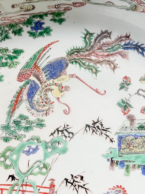 古玩陶瓷麒麟鳳紋五彩雙圈足盤真品鑒賞圖