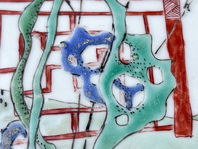 古玩陶瓷麒麟鳳紋五彩雙圈足盤真品鑒賞圖