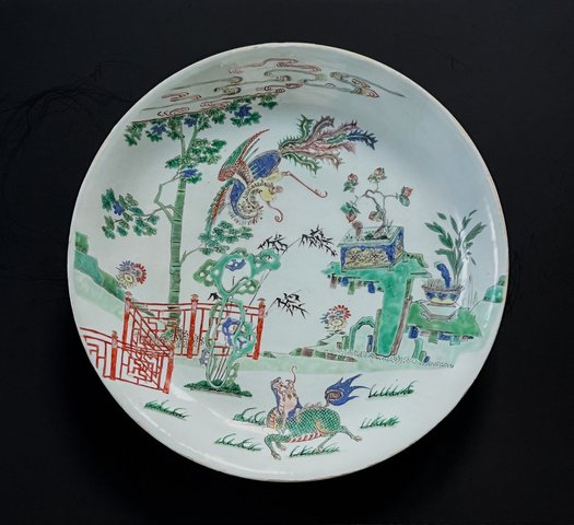 古玩陶瓷麒麟鳳紋五彩雙圈足盤真品鑒賞圖