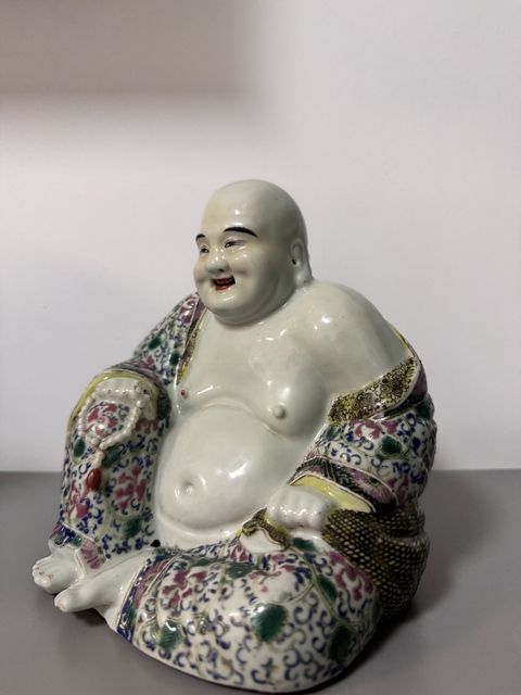 古玩陶瓷粉彩花卉紋彌勒笑佛真品鑒賞圖