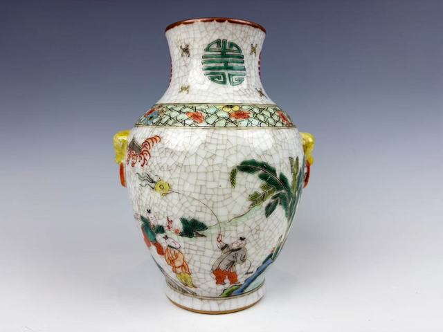 古玩陶瓷清末民初·哥釉五彩麒麟送子獸耳尊拍賣(mài)，當(dāng)前價(jià)格350元