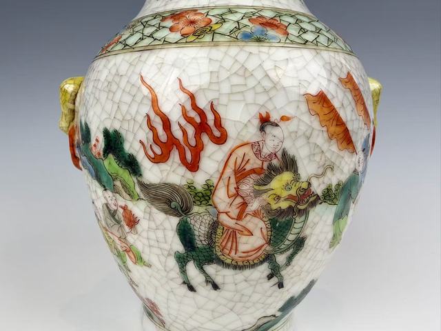 古玩陶瓷清末民初·哥釉五彩麒麟送子獸耳尊拍賣(mài)，當(dāng)前價(jià)格350元