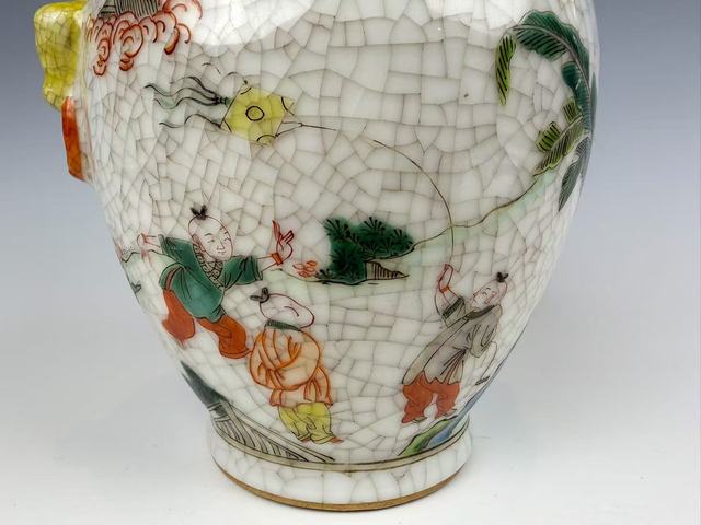 古玩陶瓷清末民初·哥釉五彩麒麟送子獸耳尊拍賣(mài)，當(dāng)前價(jià)格350元