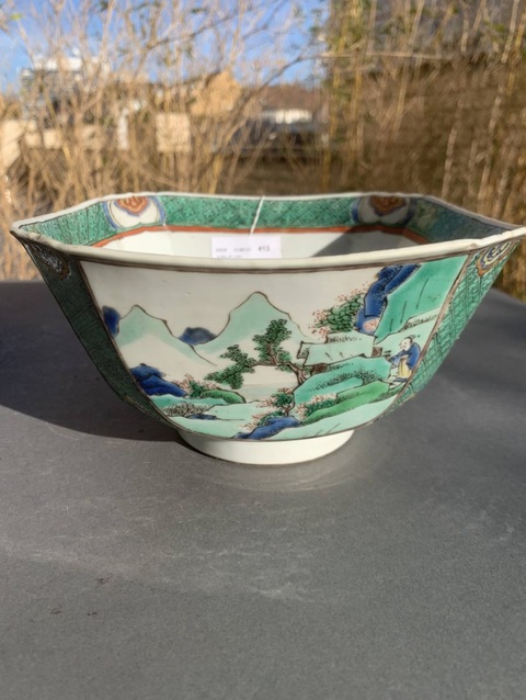 古玩陶瓷人物山水紋四方倭角五彩碗真品鑒賞圖