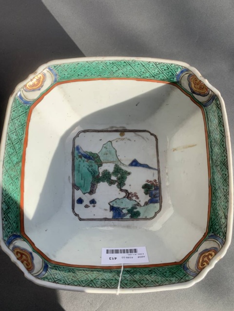 古玩陶瓷人物山水紋四方倭角五彩碗真品鑒賞圖