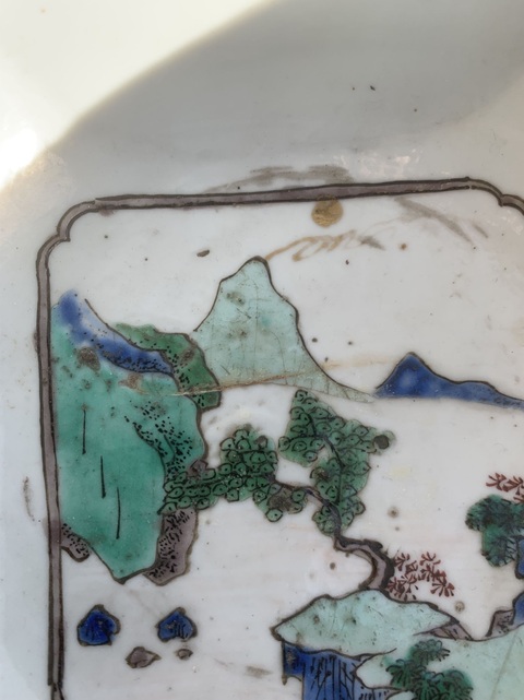 古玩陶瓷人物山水紋四方倭角五彩碗真品鑒賞圖