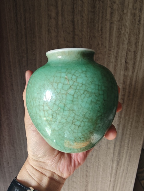 古玩陶瓷清中期郎窯綠太白罐真品鑒賞圖