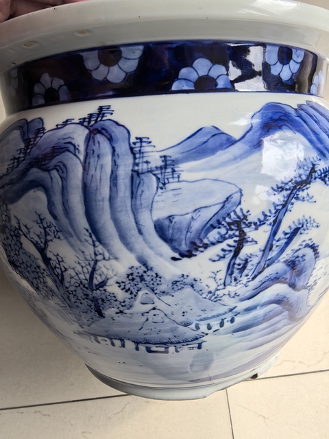 古玩陶瓷山水紋青花缸真品鑒賞圖