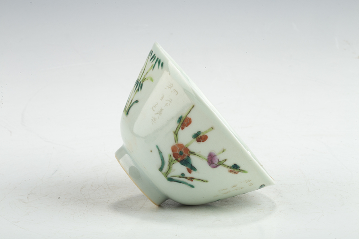 古玩陶瓷清晚·粉彩梅蘭竹菊詩文蓋碗真品鑒賞圖