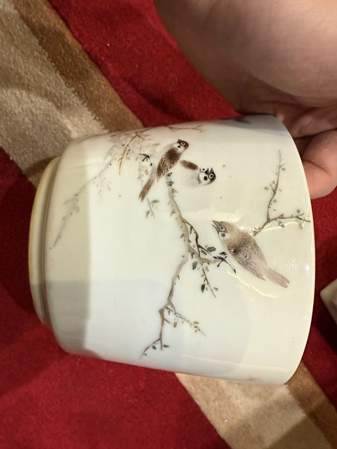 古玩陶瓷畢伯濤款花鳥紋花盆真品鑒賞圖