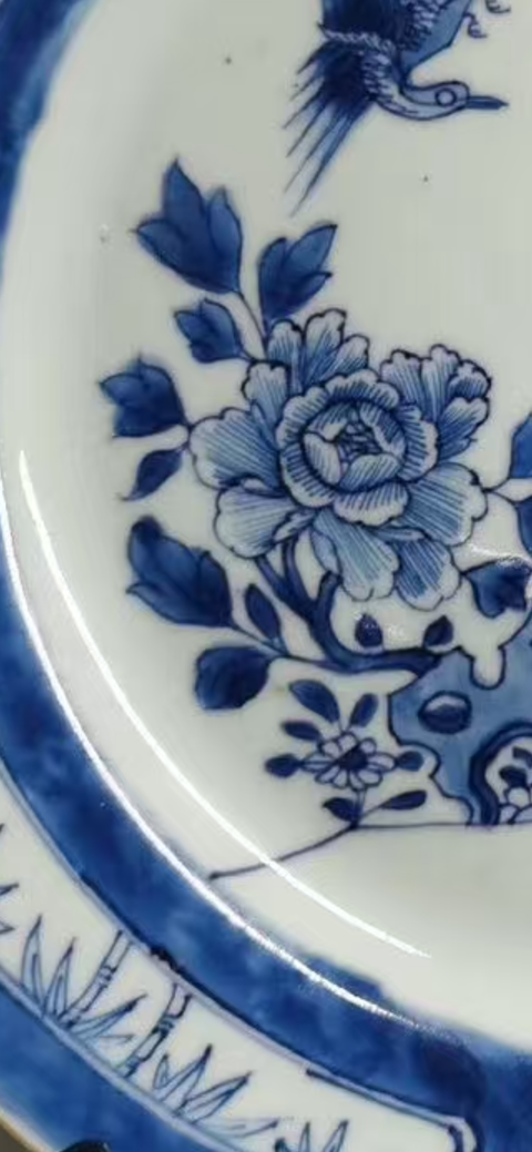 古玩陶瓷庭院鳳凰牡丹紋青花盤真品鑒賞圖